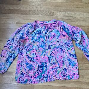 Lilly Pulitzer Elsa Silk Pink and Blue Swirl Blouse